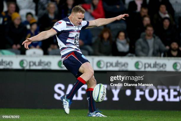 Reece Hodge of the Rebels takes a kick during the round 19 Super Rugby match between the Highlanders and the Rebels at Forsyth Barr Stadium on July...