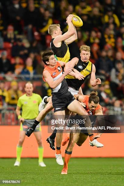 Jack Riewoldt of the Tigers takes a mark during the round 17 AFL match between the Greater Western Sydney Giants and the Richmond Tigers at Spotless...