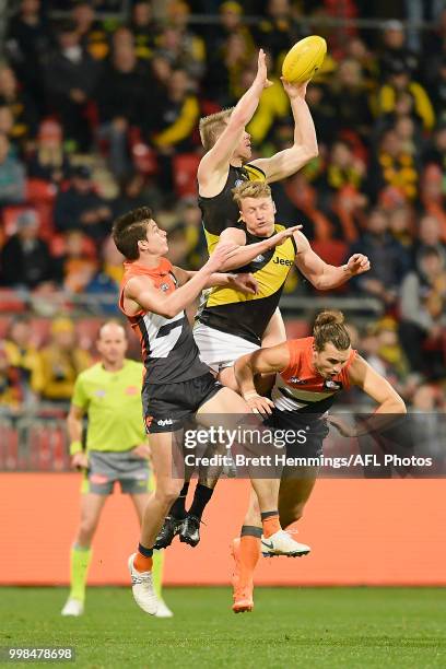 Jack Riewoldt of the Tigers takes a mark during the round 17 AFL match between the Greater Western Sydney Giants and the Richmond Tigers at Spotless...