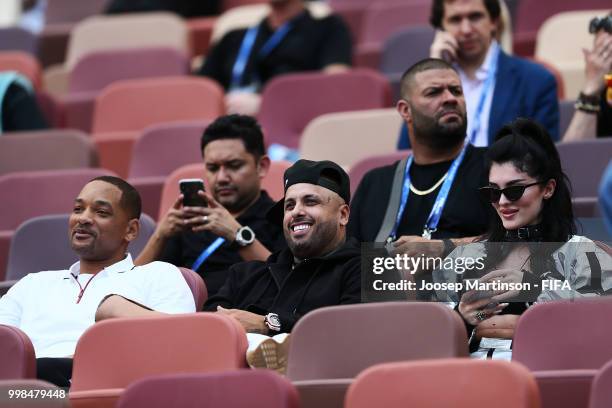 Will Smith, Nicky Jam and Era Istrefi attend a closing ceremony rehearsal at Luzhniki Stadium on July 13, 2018 in Moscow, Russia.