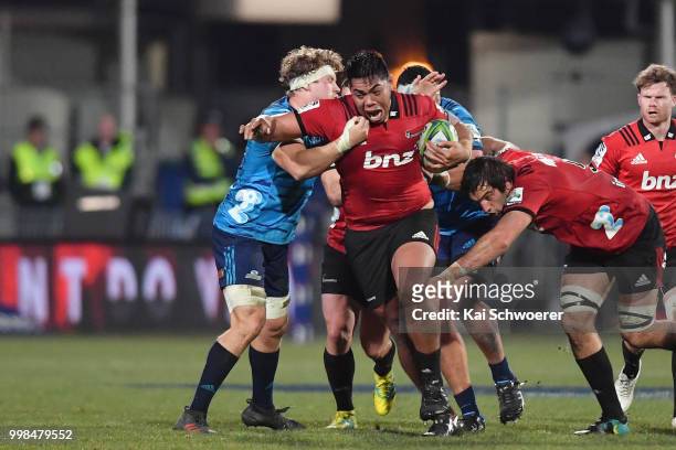Michael Alaalatoa of the Crusaders charges forward during the round 19 Super Rugby match between the Crusaders and the Blues at AMI Stadium on July...