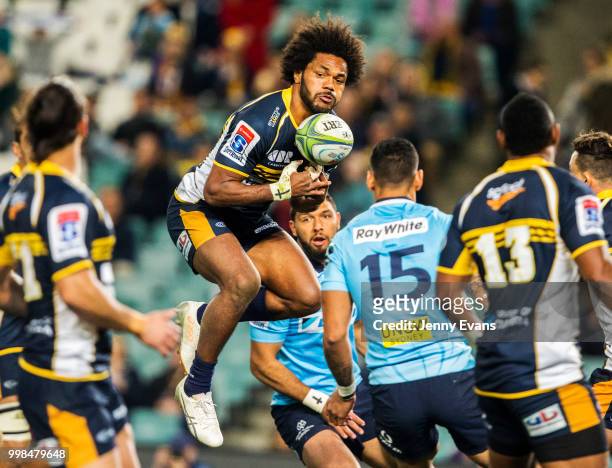 Henry Speight of the Brumbies jumps for the ball during the round 19 Super Rugby match between the Waratahs and the Brumbies at Allianz Stadium on...