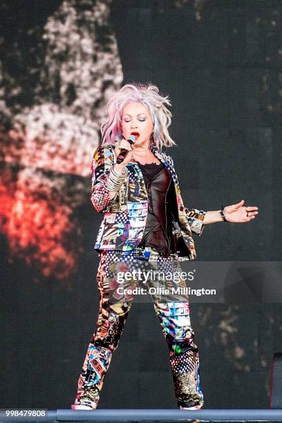 Cyndi Lauper performs on the mainstage at The Plains of Abraham in The Battlefields Park during day 9 of the 51st Festival d'ete de Quebec on July...