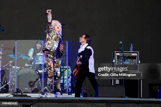 Cyndi Lauper performs on the mainstage at The Plains of Abraham in The Battlefields Park during day 9 of the 51st Festival d'ete de Quebec on July...