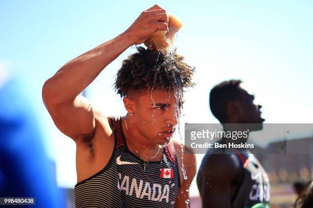 Myles Misener-Daley of Canada cools off following heat 3 of the men's 4x400m heats on day five of The IAAF World U20 Championships on July 10, 2018...