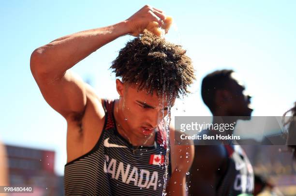 Myles Misener-Daley of Canada cools off following heat 3 of the men's 4x400m heats on day five of The IAAF World U20 Championships on July 10, 2018...