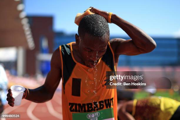 Blessing Nyanforo of Zimbabwe cools off following heat 3 of the men's 4x400m heats on day five of The IAAF World U20 Championships on July 10, 2018...