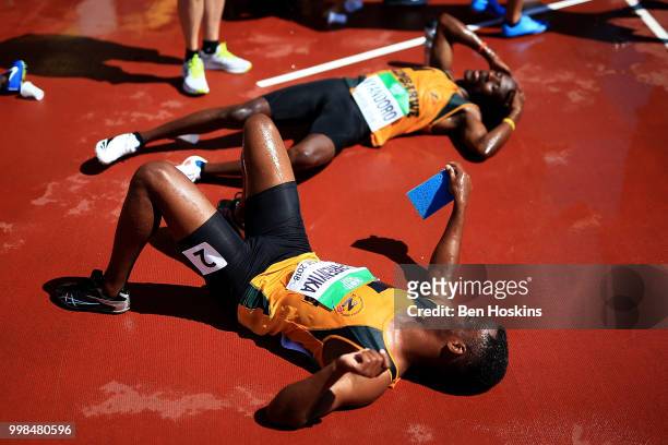 Leon Tafirenyika of Zimbabwe cools off following heat 3 of the men's 4x400m heats on day five of The IAAF World U20 Championships on July 10, 2018 in...