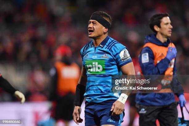 Augustine Pulu of the Blues receives medical help during the round 19 Super Rugby match between the Crusaders and the Blues at AMI Stadium on July...