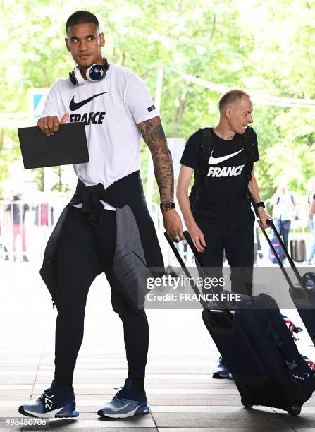 France's goalkeeper Alphonse Areola arrives at a hotel in Moscow on July 14, 2018 on the eve of the Russia 2018 World Cup final football match...