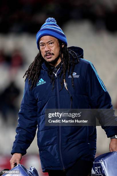 Head coach Tana Umaga of the Blues during the round 19 Super Rugby match between the Crusaders and the Blues at AMI Stadium on July 14, 2018 in...