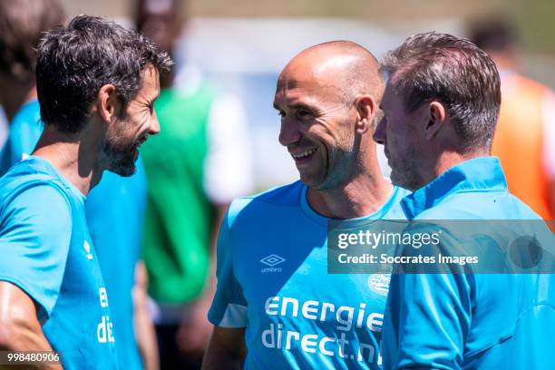 Mark van Bommel of PSV, Jurgen Dirkx of PSV, Egid Kiesouw of PSV during the PSV training on July 11, 2018 in Bagnes Switzerland