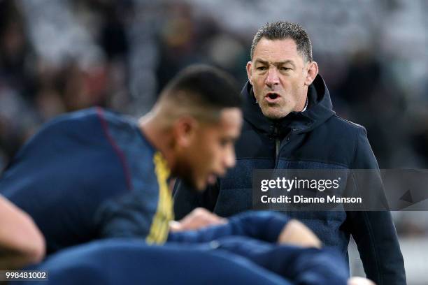 Mark Hammett, assistant coach of the Highlanders, reacts during warm up ahead of the round 19 Super Rugby match between the Highlanders and the...