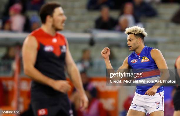 Jason Johannisen of the Bulldogs celebrates a goal during the 2018 AFL round 17 match between the Melbourne Demons and the Western Bulldogs at the...