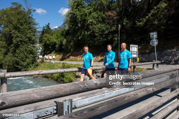 Boudewijn Zenden of PSV, Egid Kiesouw of PSV, Reinier Robbemond of PSV during the PSV training on July 11, 2018 in Bagnes Switzerland