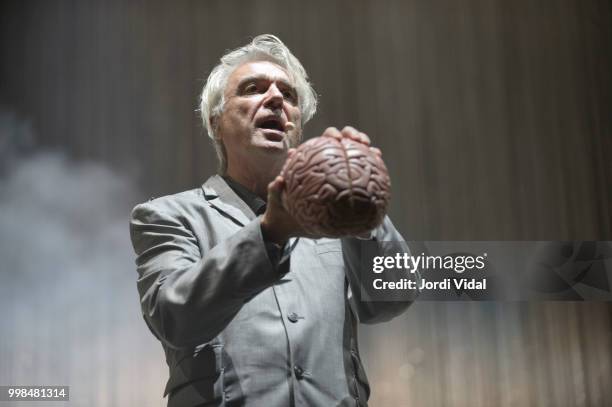 David Byrne performs on stage during BBK Live Festival al Kobetamendi on July 13, 2018 in Bilbao, Spain.