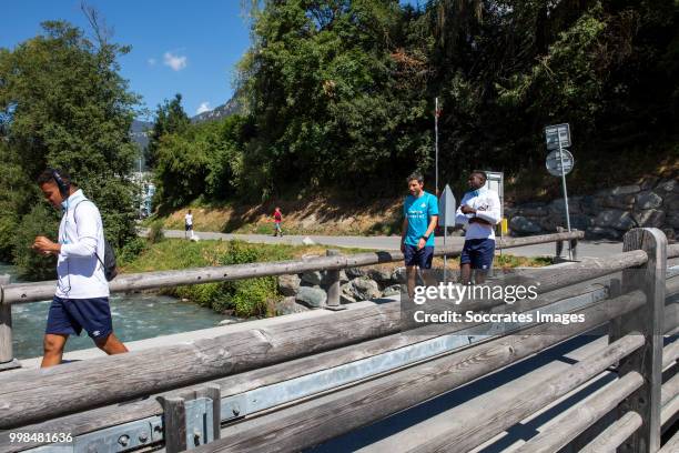 Donyell Malen of PSV, Mark van Bommel of PSV, Derrick Luckassen of PSV during the PSV training on July 11, 2018 in Bagnes Switzerland