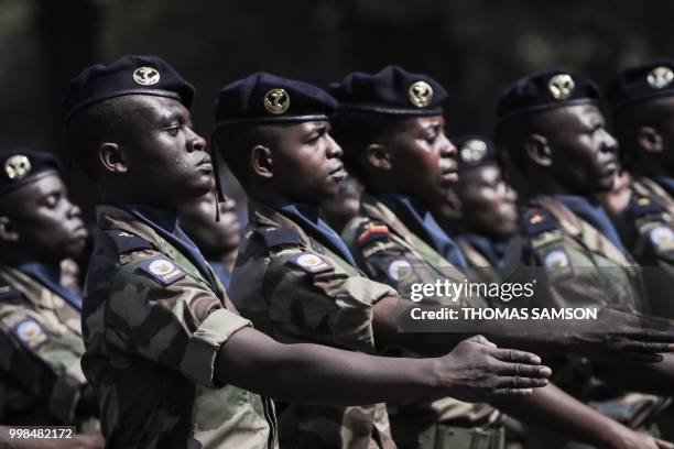 Soldiers of the Regiment du Service Militaire Adapte de Mayotte , take part in the annual Bastille Day military parade on the Champs-Elysees avenue...