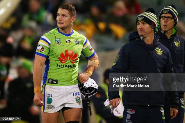 Jarrod Croker of the Raiders walks from the field with an injury during the round 18 NRL match between the Canberra Raiders and the North Queensland...