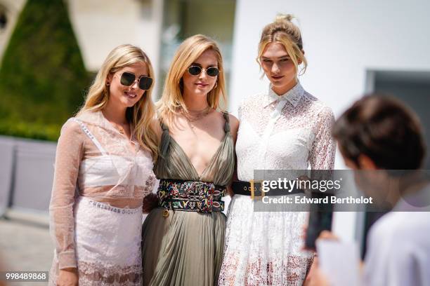 Valentina Ferragni, Chiara Ferragni, and Karlie Kloss, outside the Dior show, during Paris Fashion Week Haute Couture Fall Winter 2018/2019, on July...