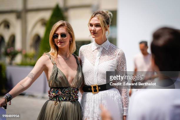 Chiara Ferragni and Karlie Kloss , outside Dior, during Paris Fashion Week Haute Couture Fall Winter 2018/2019, on July 2, 2018 in Paris, France.