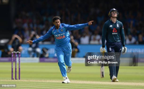 Kuldeep Yadav of India celebrates after dismissing Jonny Bairstow of England during the 2nd Royal London One-Day International between England and...