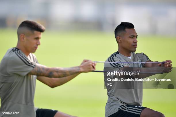 Alex Sandro during a Juventus morning training session on July 14, 2018 in Turin, Italy.