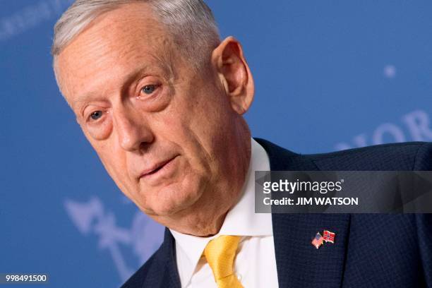 Secretary of Defence James Mattis addresses a press conference with his Norwegian counterpart at the Ministry of Defence in Olso on July 14, 2018. -...