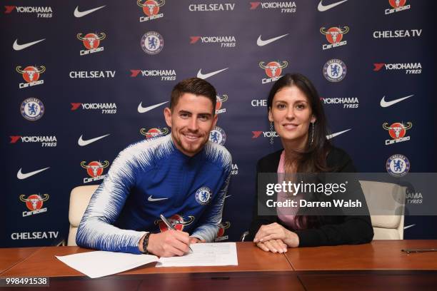 Chelsea Unveil New Signing Jorginho with Chelsea Director Marina Granovskaia at Stamford Bridge on July 13, 2018 in London, England.