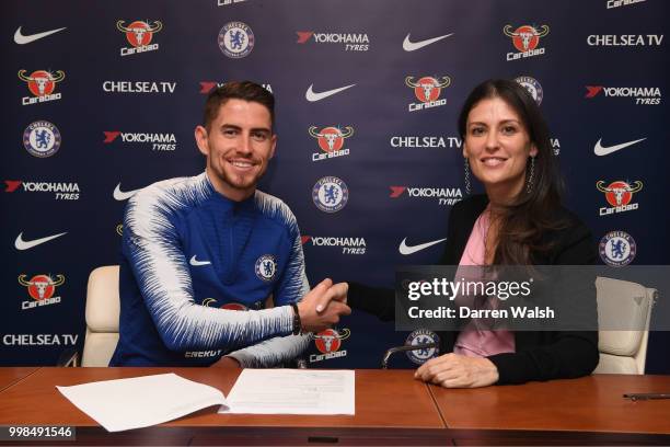 Chelsea Unveil New Signing Jorginho with Chelsea Director Marina Granovskaia at Stamford Bridge on July 13, 2018 in London, England.