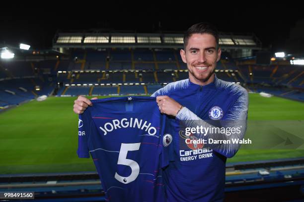 Chelsea Unveil New Signing Jorginho at Stamford Bridge on July 13, 2018 in London, England.