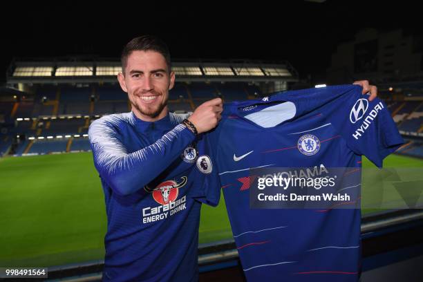 Chelsea Unveil New Signing Jorginho at Stamford Bridge on July 13, 2018 in London, England.