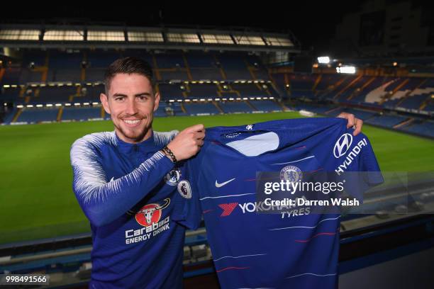 Chelsea Unveil New Signing Jorginho at Stamford Bridge on July 13, 2018 in London, England.