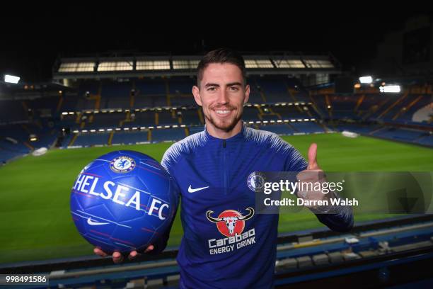 Chelsea Unveil New Signing Jorginho at Stamford Bridge on July 13, 2018 in London, England.