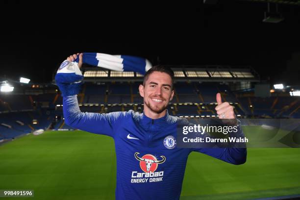 Chelsea Unveil New Signing Jorginho at Stamford Bridge on July 13, 2018 in London, England.