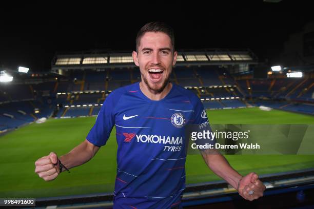 Chelsea Unveil New Signing Jorginho at Stamford Bridge on July 13, 2018 in London, England.