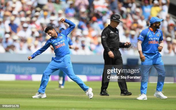 India bowler Kuldeep Yadav celebrates after dismissing Bairstow during the 2nd ODI Royal London One Day International match between England and India...