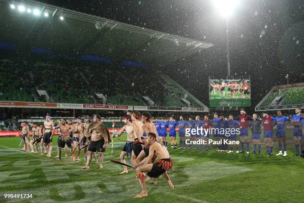 Aboriginal dancers perform as the teams line up during the World Series Rugby match between the Force and Apia Samoa at nib Stadium on July 14, 2018...