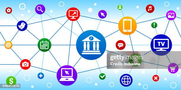 building & clock internet communication technology triangular node pattern background - building wireframe stock illustrations