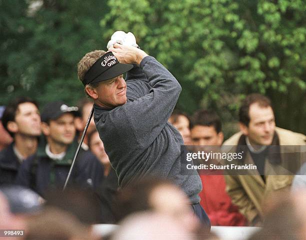 Colin Montgomerie of Scotland tees off on the 17th hole during the second round of the Lancome Trophy at the St-Nom-la-Breteche Golf Club, Paris,...