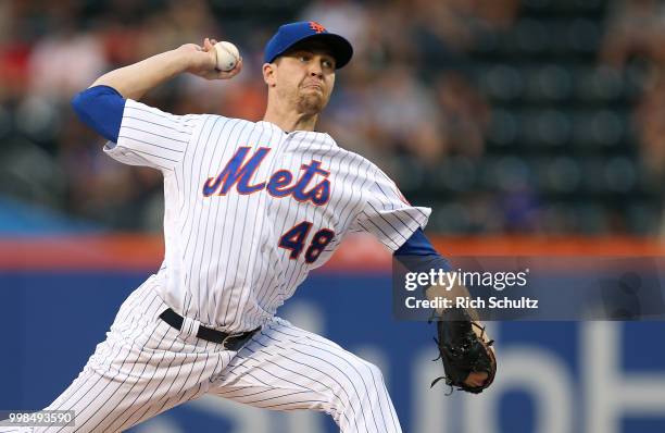 Jacob deGrom of the New York Mets in action against the Philadelphia Phillies during a game at Citi Field on July 11, 2018 in the Flushing...