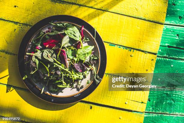 spring salad of baby spinach, herbs, arugula and lettuce - white eggplant stock pictures, royalty-free photos & images