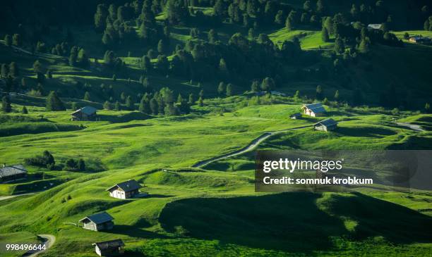 little valley and green hill with sunlight in morning - somnuk krobkum stock-fotos und bilder