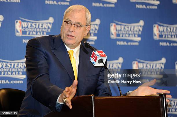 Phil Jackson, head coach of the Los Angeles Lakers, speaks at a press conference prior to Game One of the Western Conference Finals against the...