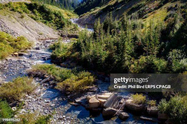 creek in glacier national park next to the going to the sun road - going to the sun road stock pictures, royalty-free photos & images