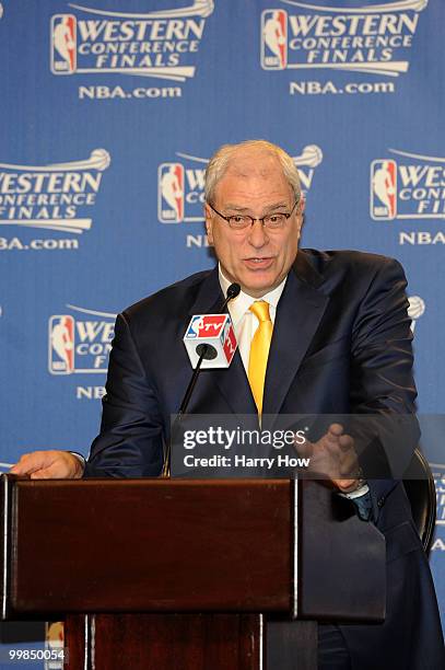 Phil Jackson, head coach of the Los Angeles Lakers, speaks at a press conference prior to Game One of the Western Conference Finals against the...