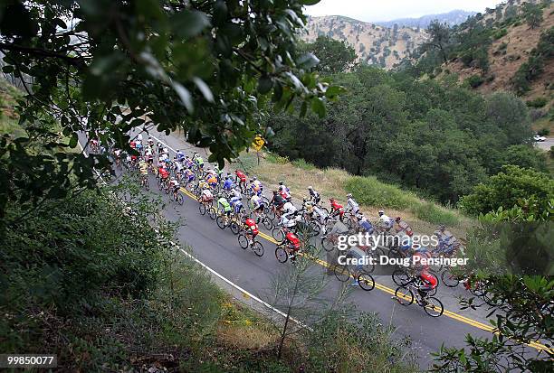 The peloton rolls along Pleasant Valley Road during Stage Two of the Tour of California from Davis to Santa Rosa on May 17, 2010 in Solano County,...