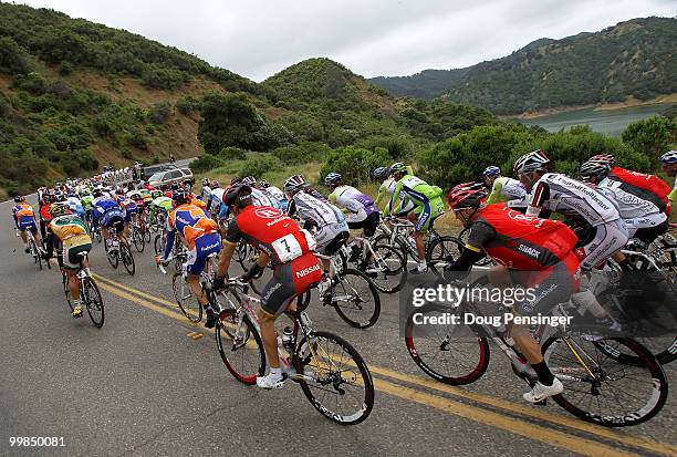 The peloton Lake Berryessa during Stage Two of the Tour of California from Davis to Santa Rosa on May 17, 2010 in Napa County, California.