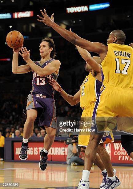 Guard Steve Nash of the Phoenix Suns looks to pass the ball against the Los Angeles Lakers in Game One of the Western Conference Finals during the...