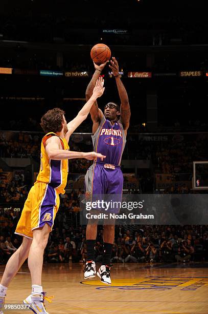 Amar'e Stoudemire of the Phoenix Suns shoots against Pau Gasol of the Los Angeles Lakers in Game One of the Western Conference Finals during the 2010...